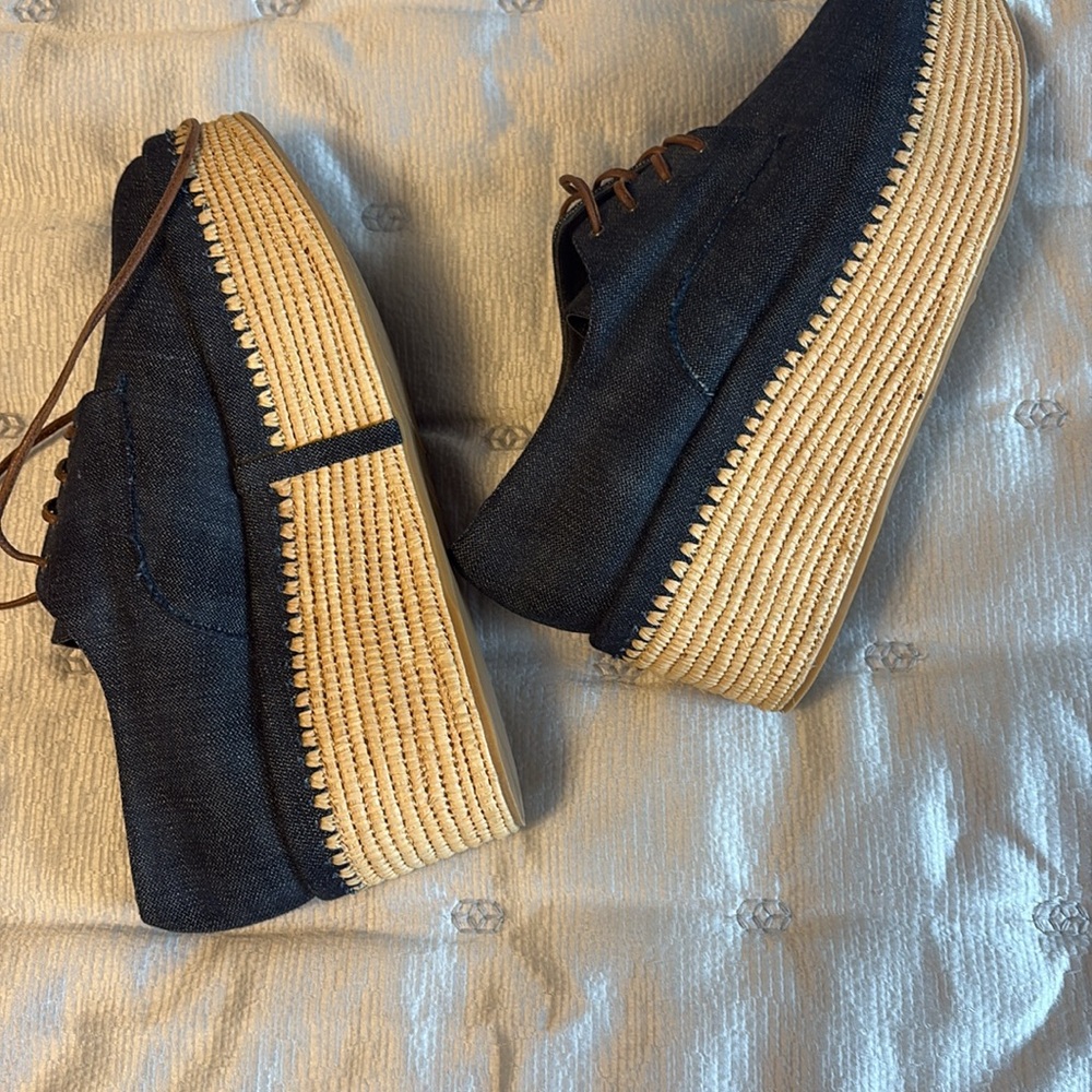 Stuart Weitzman denim and raffia platform shoes